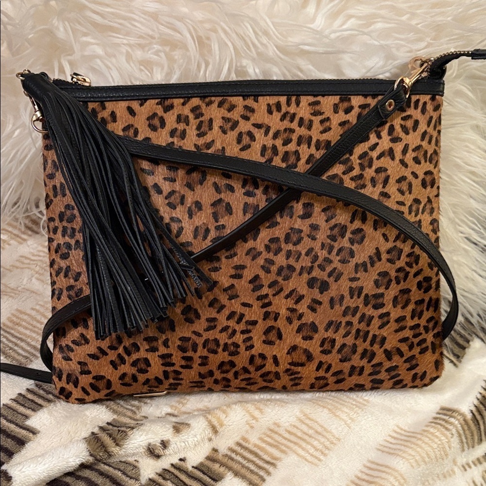 Chico's Animal Print Crossbody Bag with Black Tassel